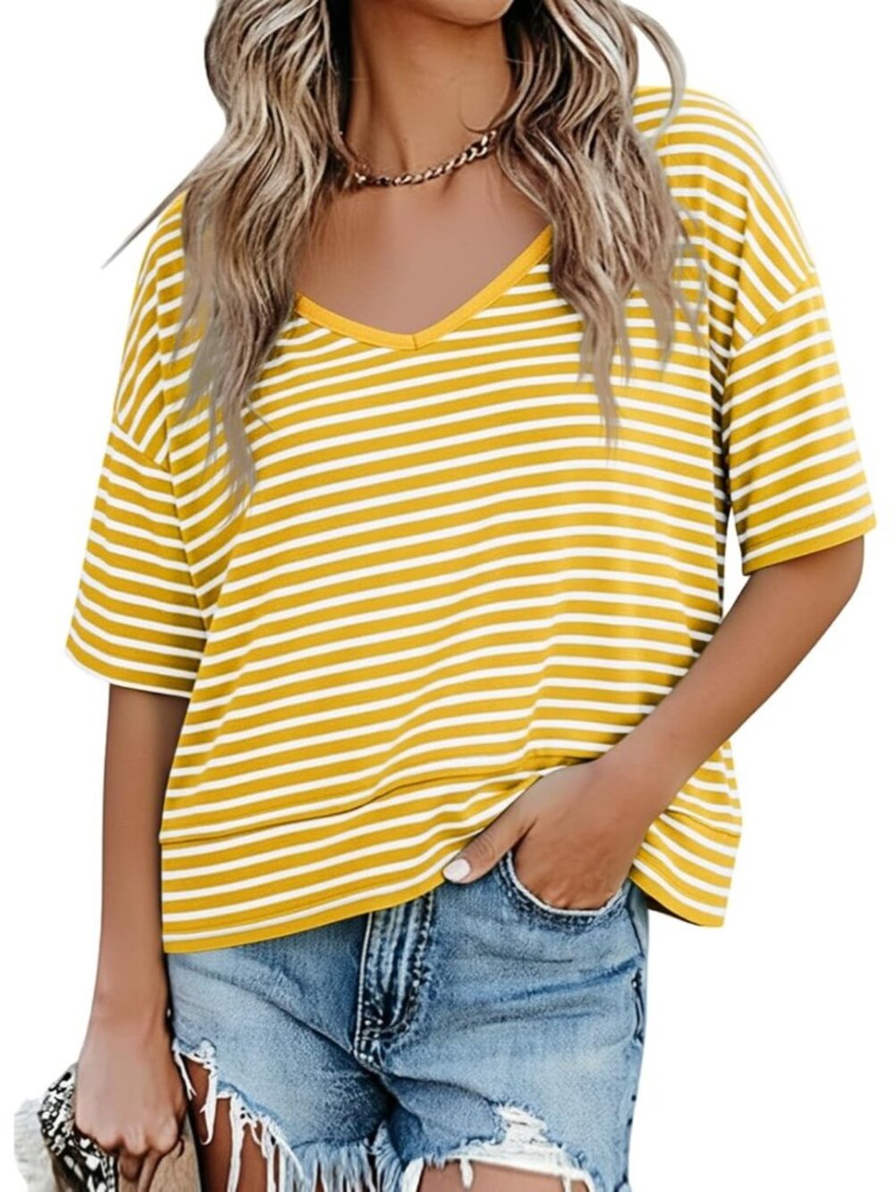 Women's Yellow Stripe Summer V Neck T Shirts Casual Short Sleeve Tops Cute Loose